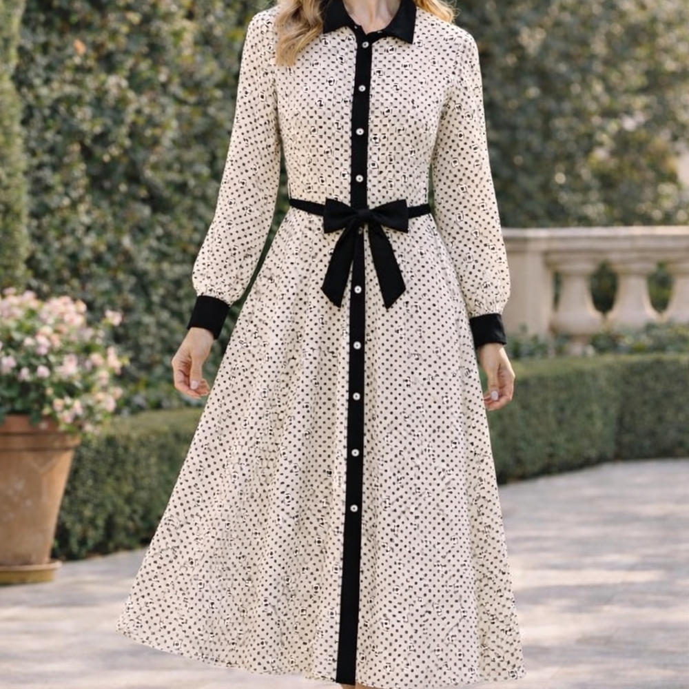 Cream and Black Polka Dot Long-Sleeve Midi Dress with Contrast Trim